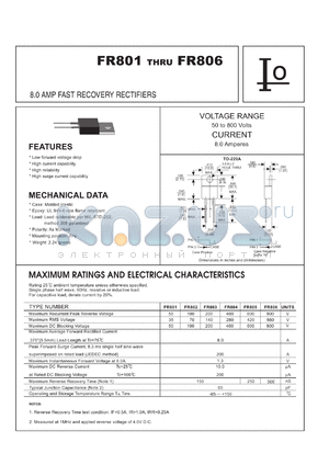 FR804R datasheet - Fast recovery rectifier. Case negative.  Maximum recurrent peak reverse voltage 400V. Maximum average forward rectified current 8.0A.