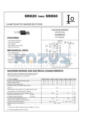 SR835R datasheet - Schottky barrier rectifier. Case negative.  Maximum recurrent peak reverse voltage 35 V. Maximum average forward rectified current 8.0 A.