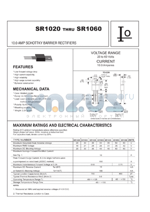 SR1020A datasheet - Schottky barrier rectifier. Negative CT.  Maximum recurrent peak reverse voltage 20 V. Maximum average forward rectified current 10 A.