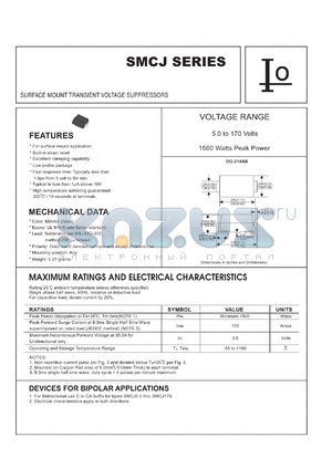 SMCJ40AC datasheet - Surface mount transient voltage suppressor. 1500 watts peak power. Reverse stand-off voltage VRWM = 40 V. Test current IT = 1 mA.