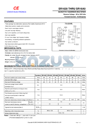SR1620A datasheet - Schottky barrier rectifier. Common anode.  Max repetitive peak reverse voltage 20 V. Max average forward rectified current 16.0 A.