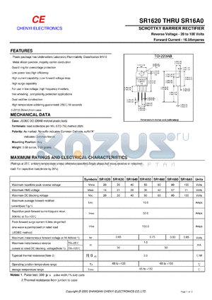 SR1660A datasheet - Schottky barrier rectifier. Common anode.  Max repetitive peak reverse voltage 60 V. Max average forward rectified current 16.0 A.