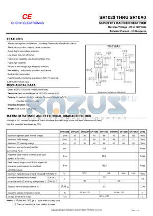 SR1040A datasheet - Schottky barrier rectifier. Common anode. Max repetitive peak reverse voltage 40 V. Max average forward rectified current 10.0 A.