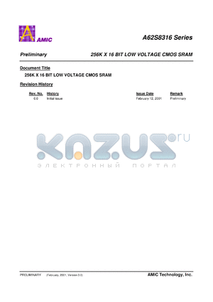 A62S8316-70S datasheet - 70ns; 50mA 256K x 16bit low voltage CMOS SRAM