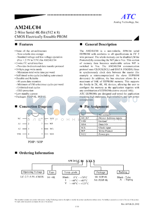 AM24LC04IS8 datasheet - 2.7-5.5V 4-wire serial 4K-bits (512 x 8) CMOS electrically erasable PROM