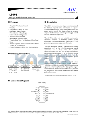 AP494IS16A datasheet - Voltage mode PWM controller