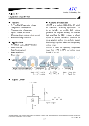 ATS137I13A datasheet - 3.5-20V single hall effect switch