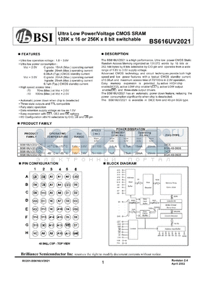 BS616UV2021AC70 datasheet - 70ns ultra low power/voltage CMOS SRAM 128K x 16 or 256K x 8bit switchable