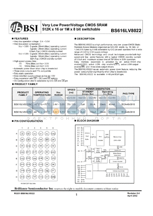 BS616LV8022AC datasheet - 70/100ns 20-45mA 2.4-5.5V very low power/voltage CMOS SRAM 512K x 16 or 1M x 8bit switchable