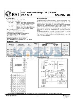 BS616UV1010CI datasheet - 150ns 15-10mA 1.8-2.6V ultra low power/voltage CMOS SRAM 64K x 16bit
