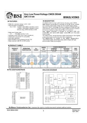 BS62LV2563ST datasheet - 70ns 20mA 2.4-3.6V very low power/voltage CMOS SRAM 32K x 8bit