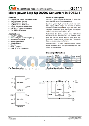 G5111T11 datasheet - Micro-power step-up DC/DC converter