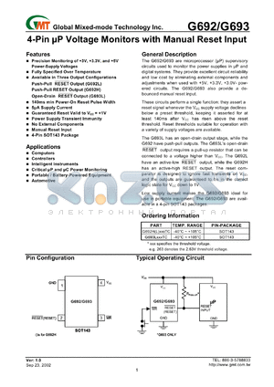 G692H263TC datasheet - 2.63 V, 5.0 mA, voltage monitor with manual reset input
