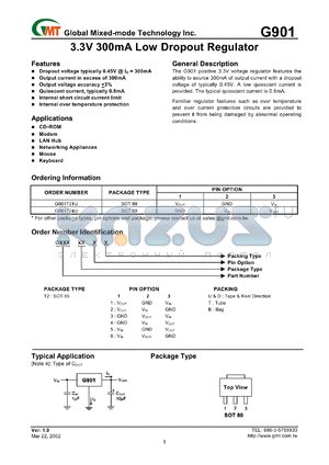 G901T24B datasheet - 3.3 V, 300 mA low dropout regulator