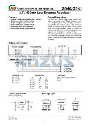 G949T73T datasheet - 3.7 V, 400 mA low dropout regulator