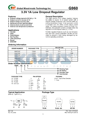 G960T33U datasheet - 3.3 V, 1A low dropout regulator