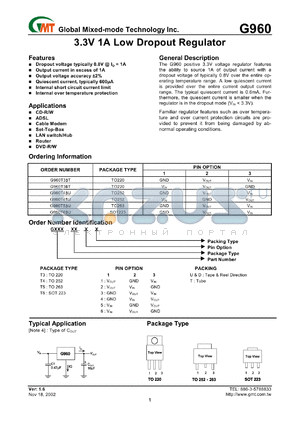 G960T36D datasheet - 3.3 V, 1A low dropout regulator