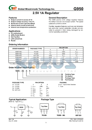 G950T45T datasheet - 2.5 V, 1A  regulator