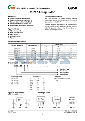 G950T63T datasheet - 2.5 V, 1A  regulator