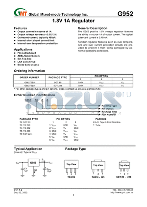 G952T23T datasheet - 1.8 V, 1A  regulator