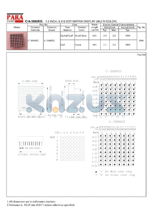 A-3880EG datasheet - Common anode  hi.effi red/green 1.2 inch, 8x8 dot matrix display