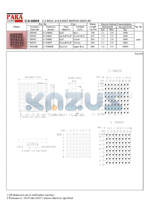 A-5880H datasheet - Common anode  red 2.3 inch, 8x8 dot matrix display