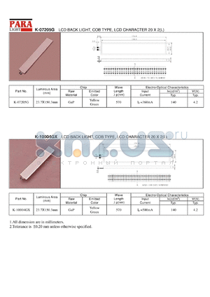 K-07205G datasheet - LCD back light, COB type, LCD character 20x2, yellow/green