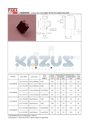 L-H326006B datasheet - 3.0 mm dia LED lamp, with LED-3062A holder