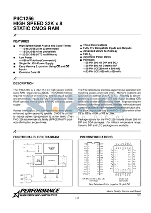 P4C1256-15PI datasheet - 15 ns, static CMOS RAM, 32 K x 8 high speed