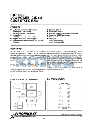 P4C1024L-70PI datasheet - 70 ns, static CMOS RAM, 128 K x 8 high speed