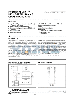 P4C1024M datasheet - Static CMOS RAM, 128 K x 8 high speed
