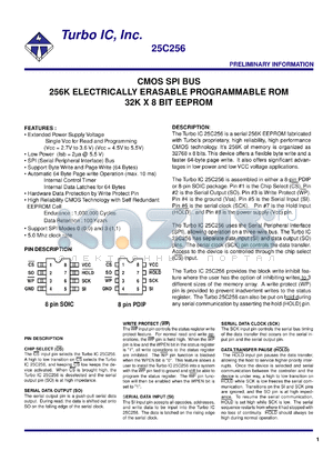 TU25C256PC-2.7 datasheet - CMOS SPI bus. 256K electrically erasable programmable ROM. 32K x 8 bit EEPROM. Voltage 2.7V to 5.5V.