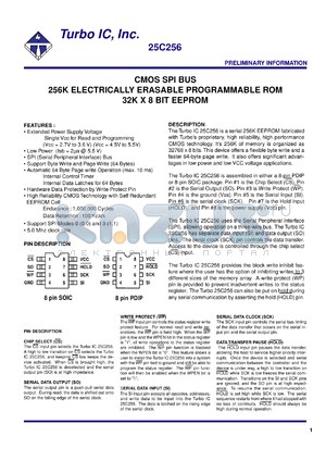 TU25C256PC datasheet - CMOS SPI bus. 256K electrically erasable programmable ROM. 32K x 8 bit EEPROM. Voltage 4.5V to 5.5V.