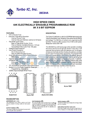 28C64APC-3 datasheet - High speed CMOS. 64K electrically erasable programmable ROM. 8K x 8 bit EEPROM. Access time 200 ns.