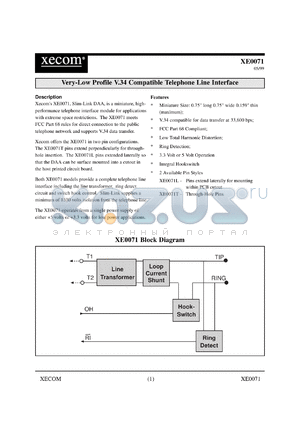 XE0071L datasheet - Very-low profile V.34 compatible telephone line interface. Pins extend laterally for mounting within PCB cutout.