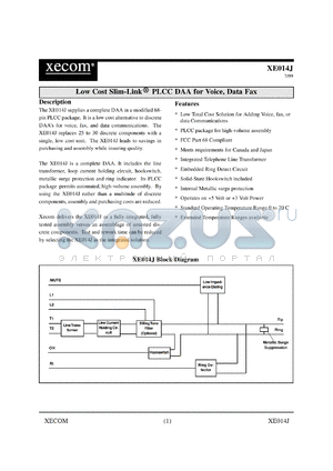 XE014J datasheet - Low cost Slim-Link DAA for voice, data fax.