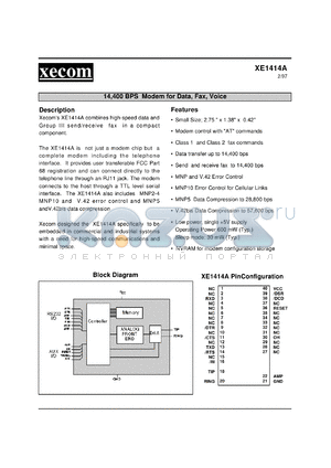 XE1414A datasheet - 14,400 BPS modem for data, fax, voice.