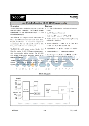 XE1414B datasheet - Low-cost, embeddable 14,400 BPS modem module.