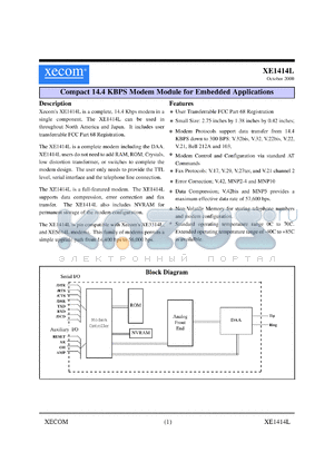 XE1414L datasheet - Compact 14.4 KBPS modem module for embedded applications.