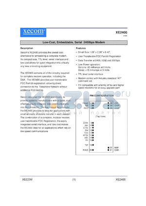 XE2400 datasheet - Low-cost, embeddable, serial 2400bps modem.
