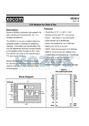 XE2814 datasheet - V.34 modem for data & fax. 28,800 bps.
