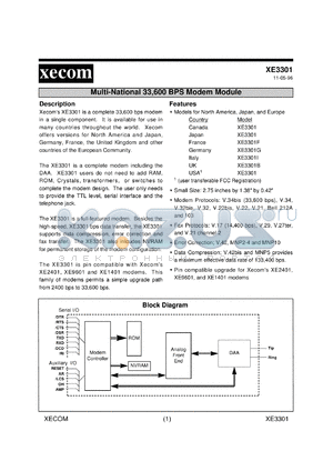 XE3301 datasheet - Multi-national 33,600 BPS modem module. Canada, Japan, USA.