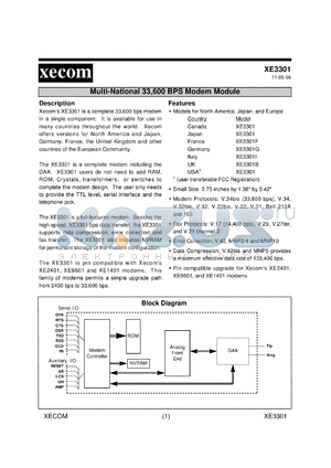 XE3301F datasheet - Multi-national 33,600 BPS modem module. France.