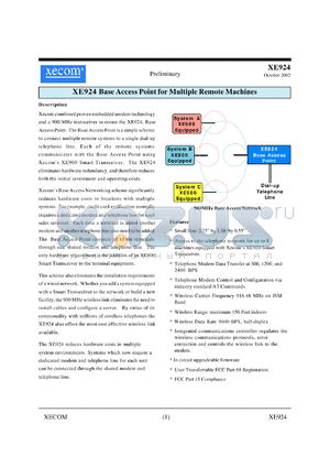 XE924 datasheet - Base access point for multiple remote machines.