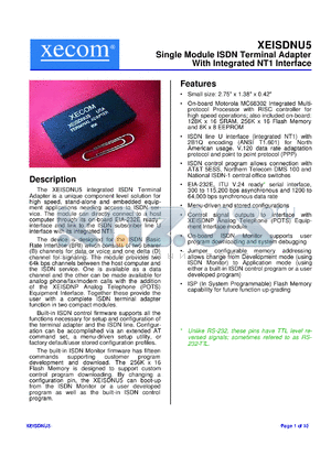 XEISDNU5 datasheet - Single module ISDN terminal adapter with inegrated NT1 interface.