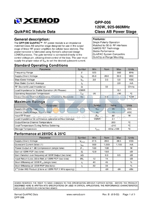 QPP-006 datasheet - QuikPAC module data. 120W, 925-960 MHz, Class AB power stage.