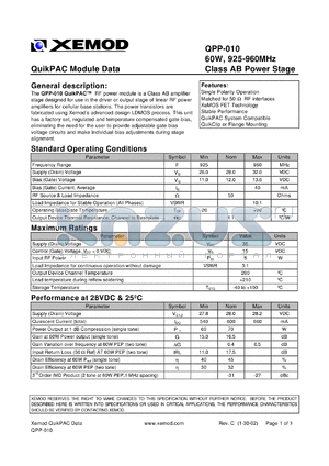 QPP-010 datasheet - QuikPAC module data. 60W, 925-960 MHz, Class AB power stage.