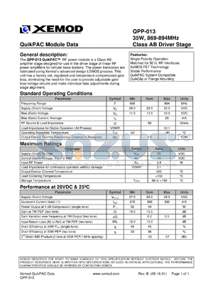 QPP-013 datasheet - QuikPAC module data. 35W, 869-894 MHz, Class AB driver stage.