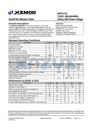 QPP-016 datasheet - QuikPAC module data. 120W, 869-894 MHz, Class AB power stage.