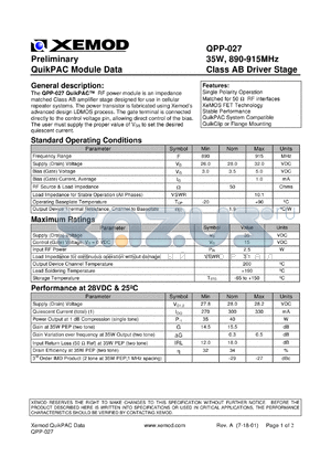 QPP-027 datasheet - QuikPAC module data. 35W, 890-915 MHz, Class AB driver stage.